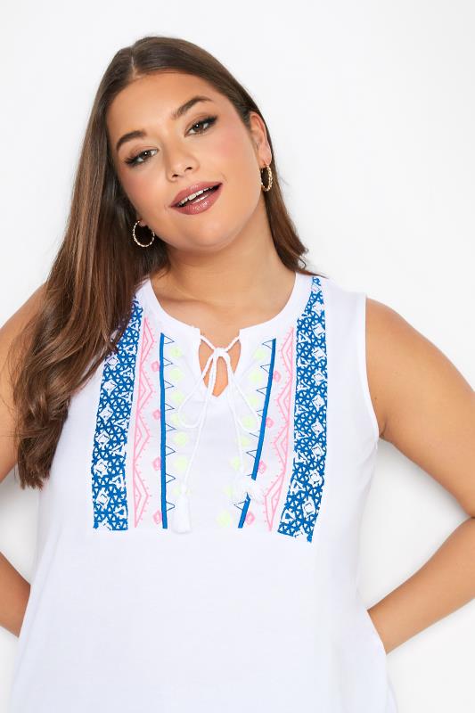 Curve White Aztec Embroidered Tie Neck Top 4