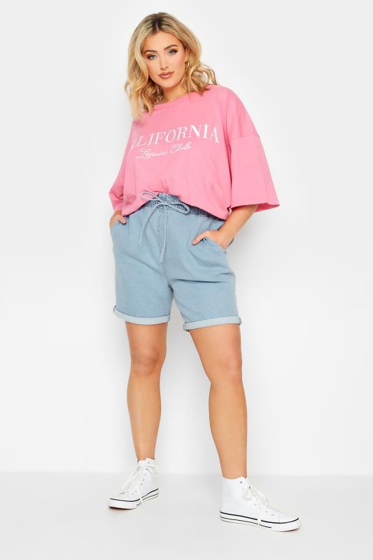 YOURS Plus Size Bleach Blue Paperbag Drawstring Denim Mom Shorts | Yours Clothing 2