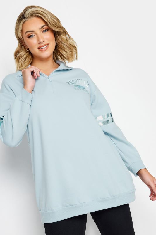 YOURS Plus Size Light Blue 'Brooklyn' Varsity Half Zip Sweatshirt | Yours Clothing 1