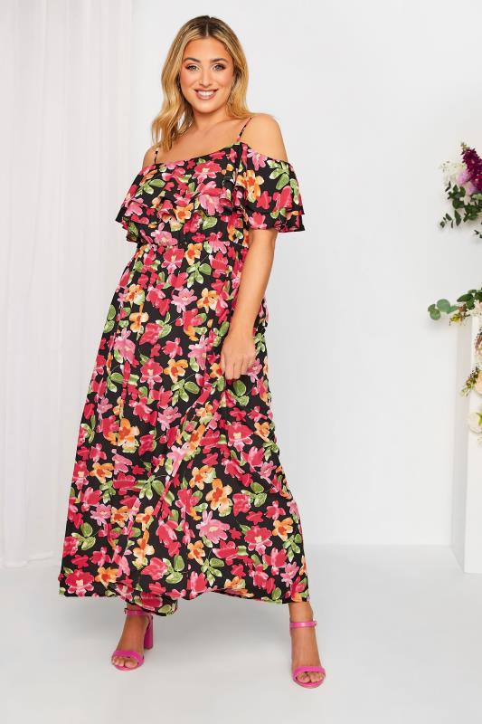 Plus Size YOURS LONDON Curve Black Floral Bardot Ruffle Bridesmaid Maxi Dress | Yours Clothing  1