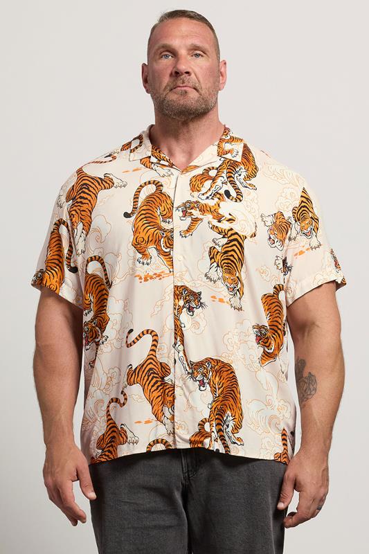 JACK & JONES Big & Tall Cream Tiger Print Resort Shirt | Badrhino 1
