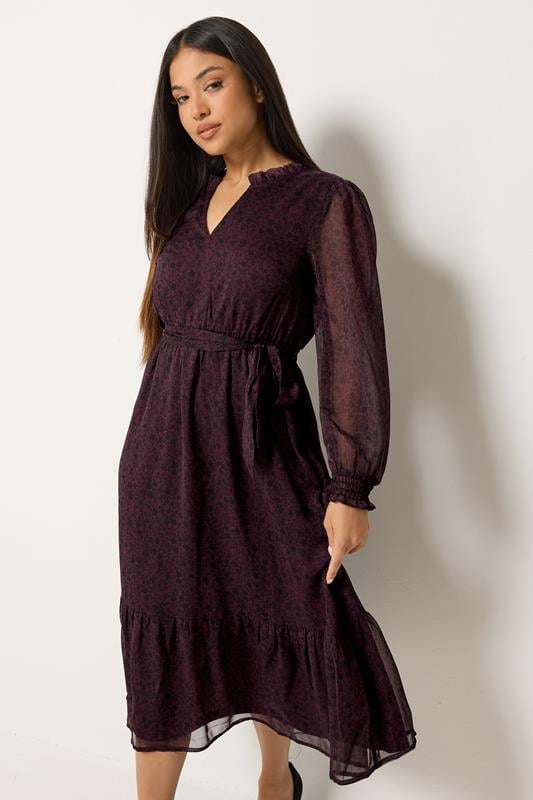 M&Co Petite Purple Ditsy Long Sleeve Midi Dress