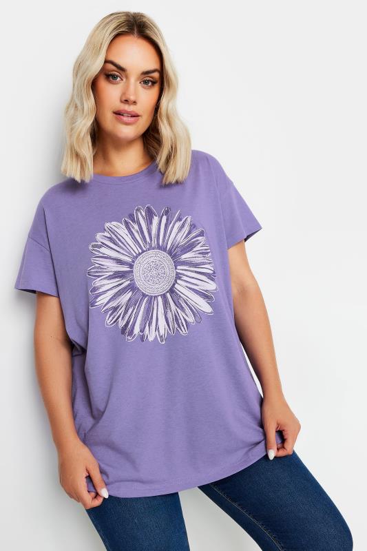 YOURS Plus Size Purple Stud Floral Print T-Shirt | Yours Clothing 2