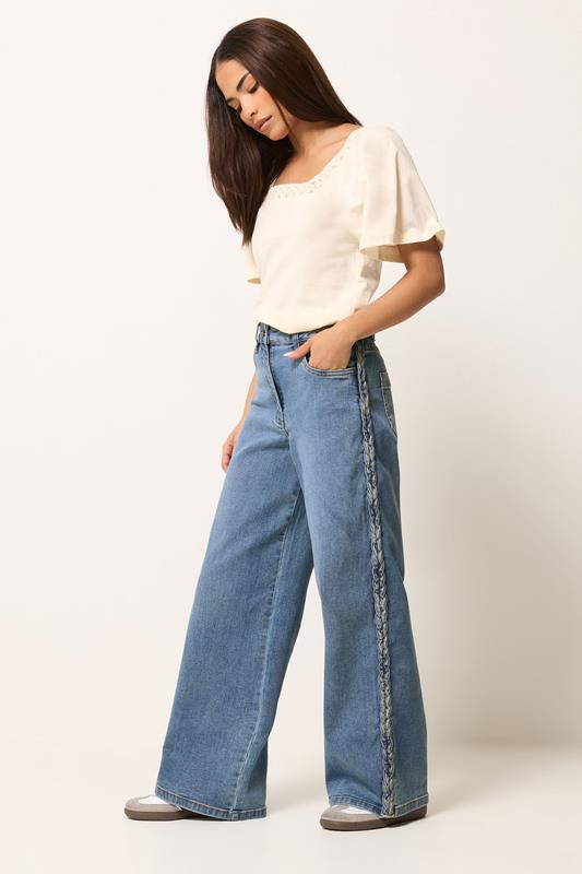PixieGirl Petite Women's Mid Blue Plait Detail Wide Leg Jeans | PixieGirl 1
