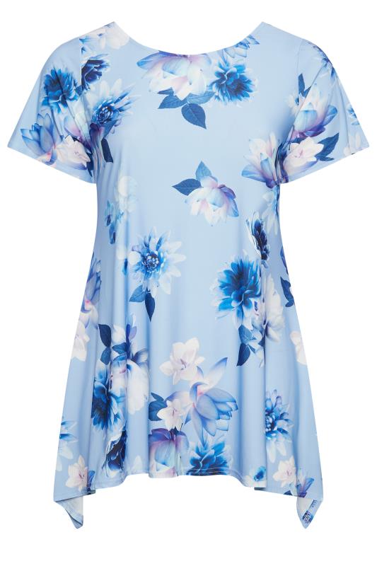 YOURS LONDON Plus Size Blue Floral Print Hanky Hem Top | Yours Clothing 6