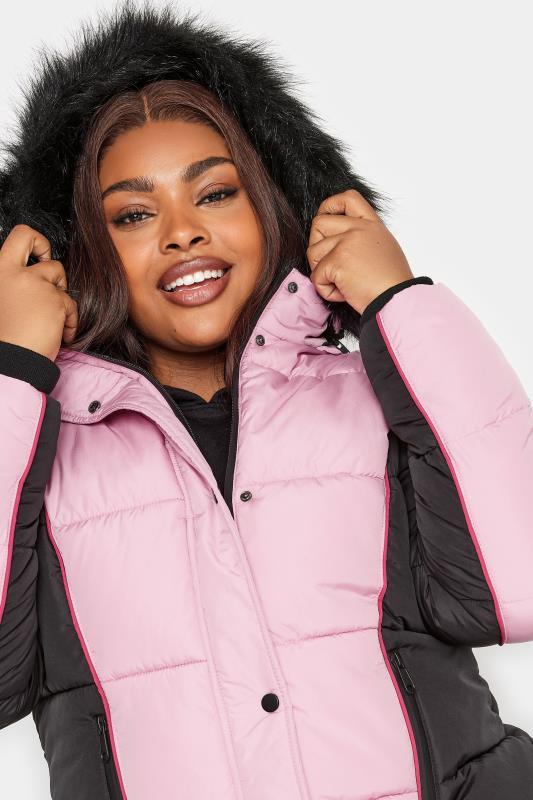 YOURS Plus Size Pink & Black Colourblock Hooded Puffer Jacket | YOURS Clothing 5