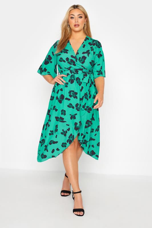 YOURS LONDON Curve Bright Green Leopard Print Midi Wrap Dress 2