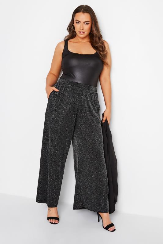 Plus Size Black Glitter Wide Leg Trousers | Yours Clothing 2