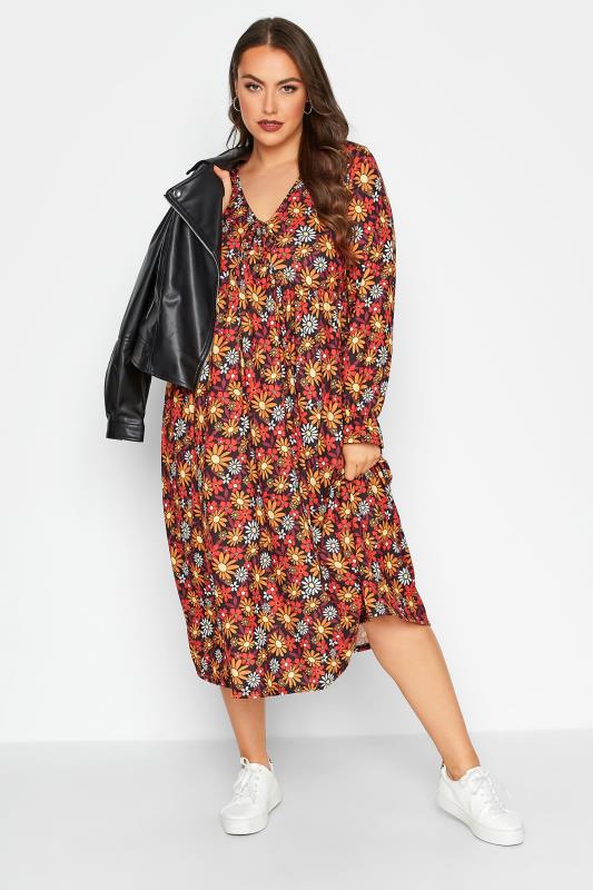 LIMITED COLLECTION Plus Size Orange Retro Floral Print Dress | Yours Clothing 1