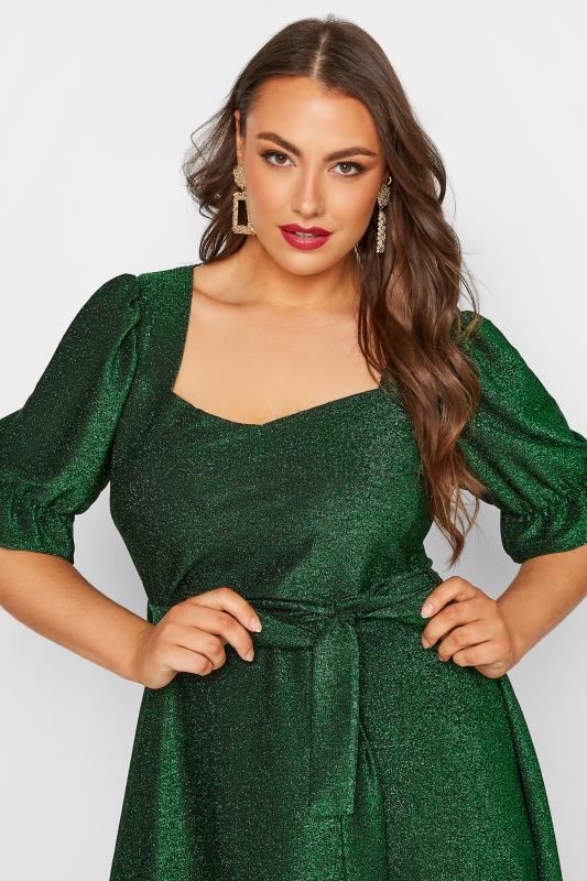 YOURS LONDON Plus Size Green Glitter Puff Sleeve Midi Dress | Yours Clothing 4