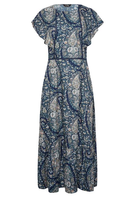 LTS Tall Women's Navy Blue Paisley Print Frill Sleeve Maxi Dress | Long Tall Sally 6