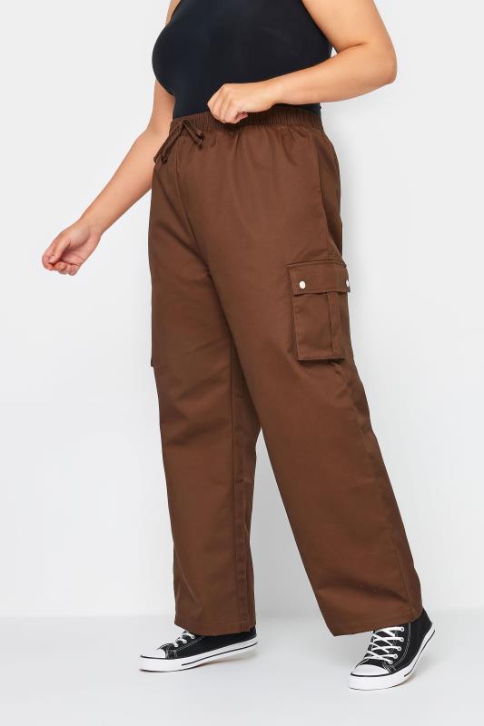 YOURS Curve Brown Wide Leg Woven Cargo Trousers | Yours Clothing 2