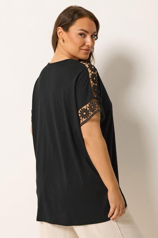 YOURS Curve Black Crochet Sleeve Boxy T-Shirt | Yours Clothing 2
