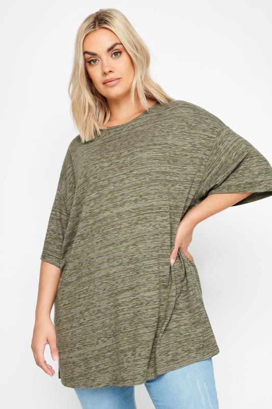 YOURS Plus Size Green Striped Oversized T-Shirt | Yours Clothing 1