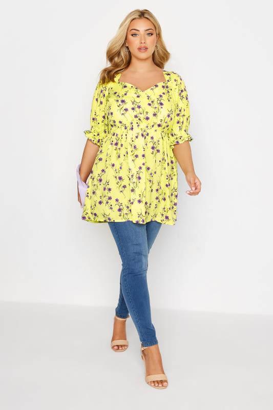 Curve Yellow Floral Print Sweetheart Puff Sleeve Top 2