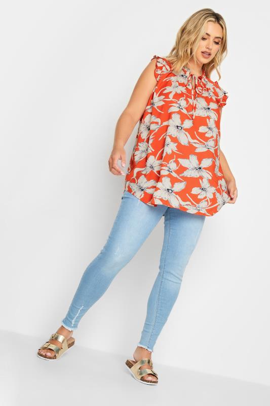YOURS Plus Size Orange Floral Print Frill Neck Top | Yours Clothing 3