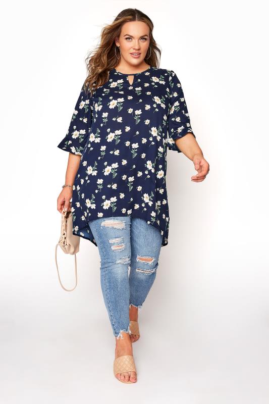 Navy Floral Flute Sleeve Tunic | Yours Clothing