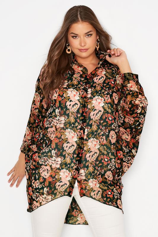 Curve Black & Red Sheer Floral Long Shirt | Yours Clothing 1