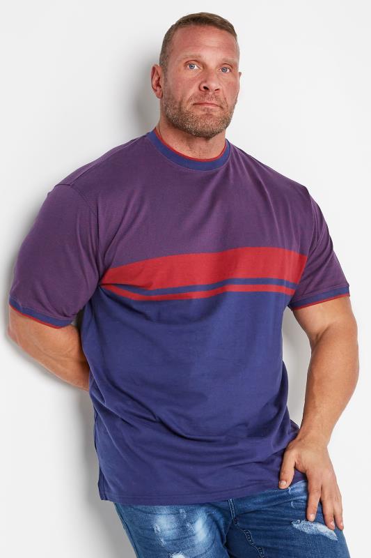 KAM Big & Tall Blue & Red Dobby Colour Block T-Shirt 1