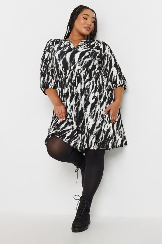 YOURS Plus Size Black Abstract Print Textured Smock Dress | Yours Clothing  2