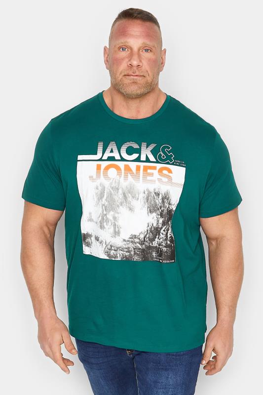 JACK & JONES Big & Tall Teal Green Logo Mountain Print T-Shirt | BadRhino 1