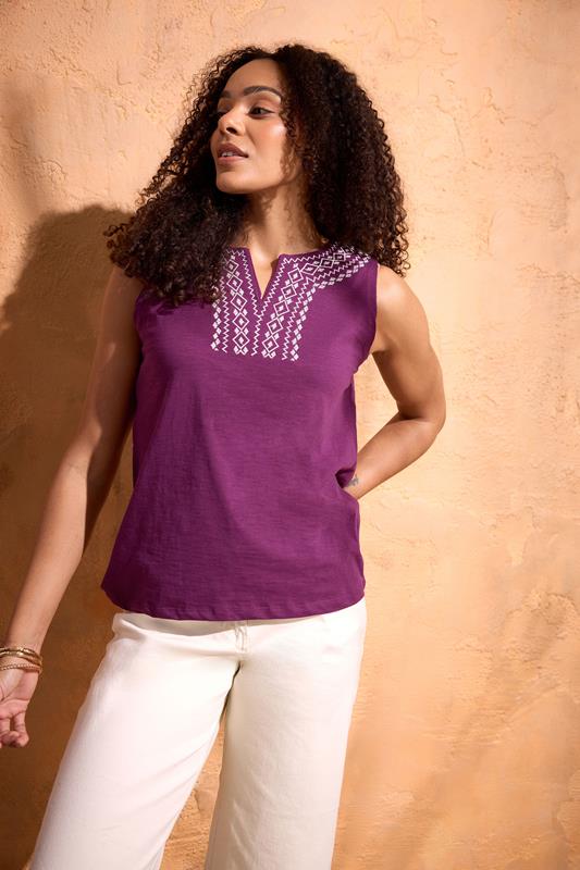  M&Co Berry Purple Embroidered Cotton Vest Top
