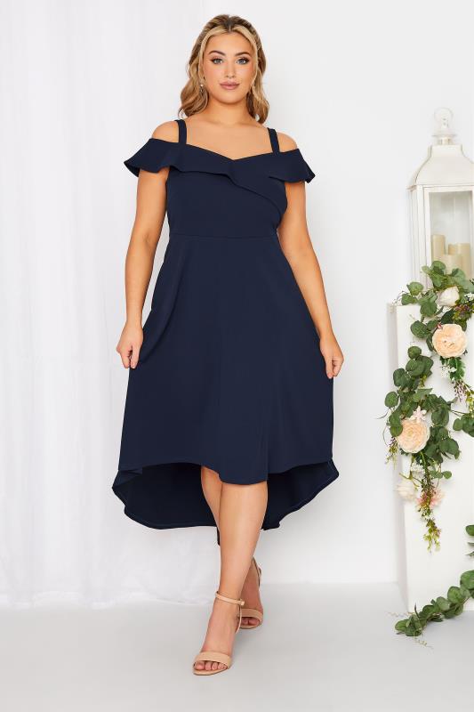 YOURS LONDON Plus Size Curve Navy Blue Bardot High Low Midi Bridesmaid Dress | Yours Clothing 1