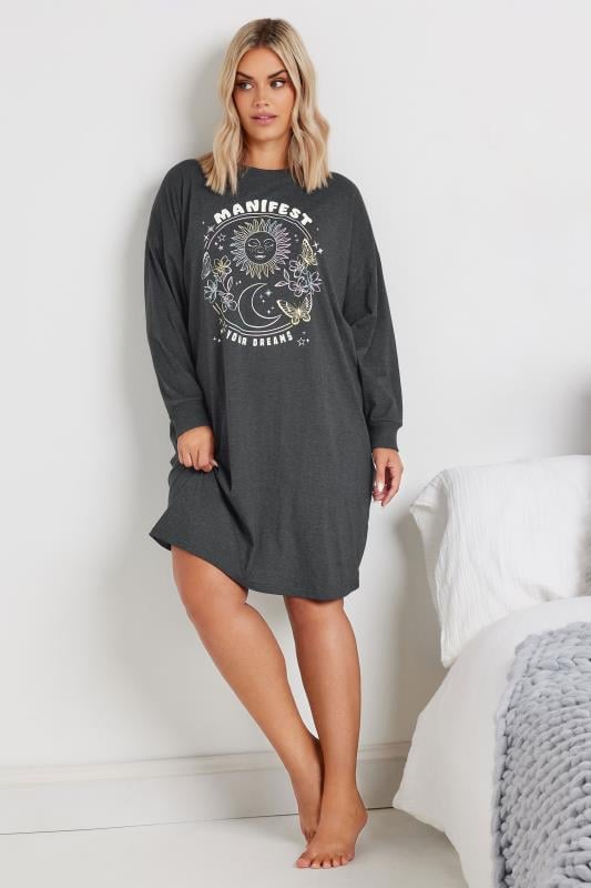  YOURS Curve Charcoal Grey 'Manifest Your Dreams' Slogan Long Sleeve Nightdress