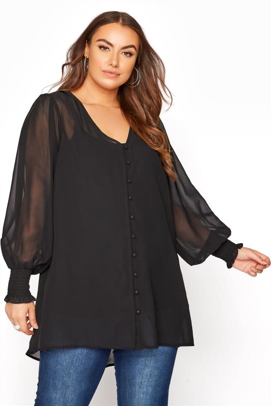 Plus Size YOURS LONDON Black Balloon Sleeve Shirt | Yours Clothing 1