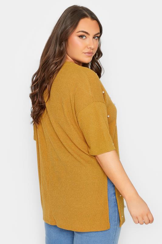 Plus Size Mustard Yellow Pearl Embellished Split Hem Top | Yours Clothing 3