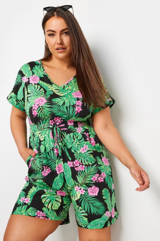 YOURS Plus Size Black Tropical Print Drawstring Playsuit | Yours Clothing 6