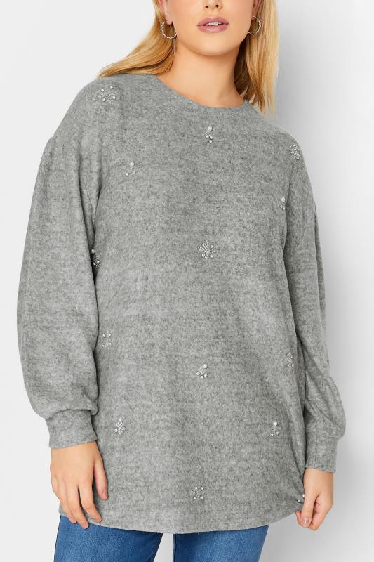 YOURS LUXURY Curve Grey Pearl & Stud Embellished Soft Touch Puff Sleeve Top | Yours Clothing 5