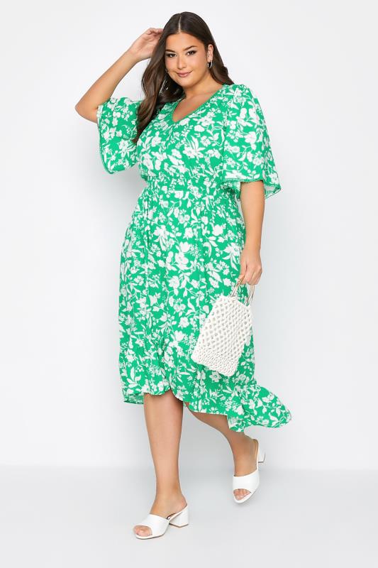 Plus Size Green Floral Dipped Hem Dress | Yours Clothing 1