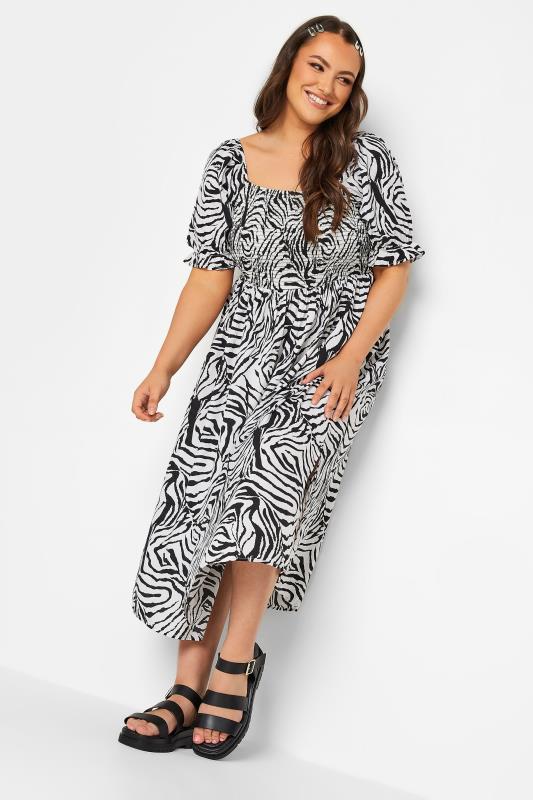 YOURS Plus Size Black & White Zebra Print Shirred Midaxi Dress | Yours Clothing 2