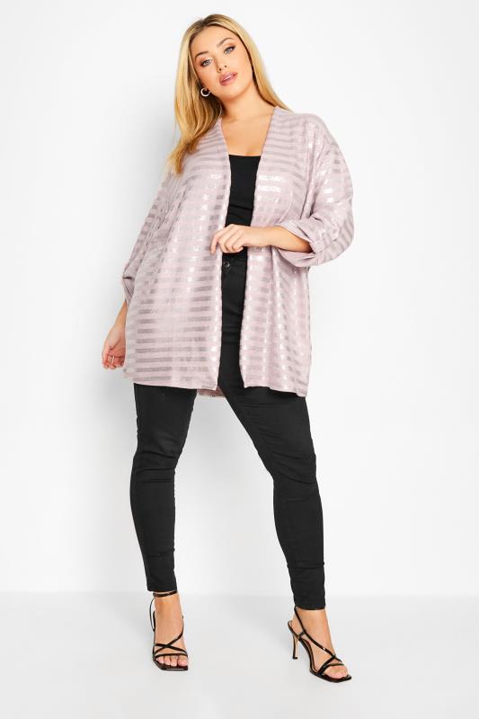 Curve Plus Size Blush Pink Foil Stripe Cardigan | Yours Clothing 2