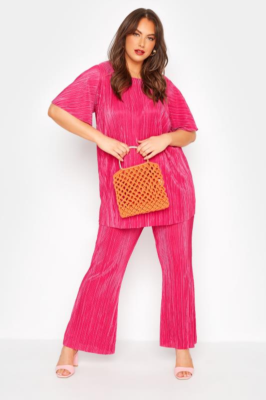 LIMITED COLLECTION Curve Hot Pink Plisse Kick Flare Trousers 2