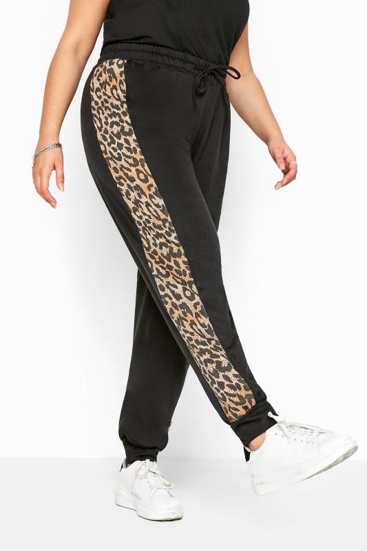 Black Leopard Print Panel Joggers | Yours Clothing