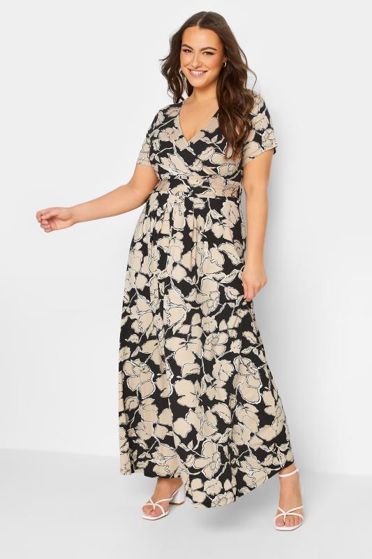 YOURS Plus Size Black & Beige Brown Floral Wrap Front Tie Maxi Dress | Yours Clothing 1
