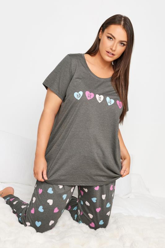 YOURS Plus Size Grey 'Dream' Slogan Heart Print Pyjama Set | Yours Clothing 1