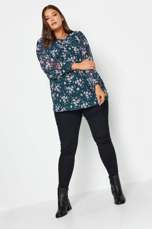 Plus Size Teal Blue Floral Print Balloon Sleeve Shirt | Yours Clothing 2