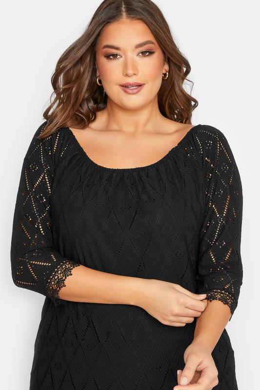 YOURS Plus Size Black Pointelle Lace Trim Top | Yours Clothing 4