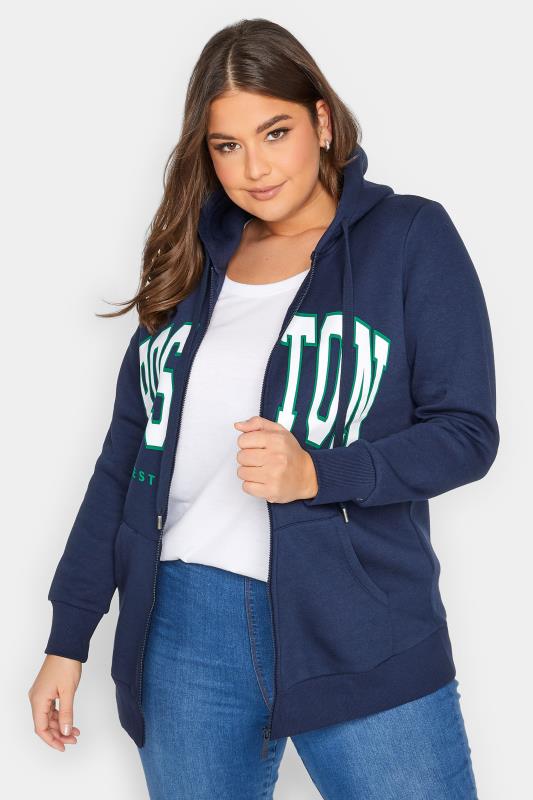 Plus Size  YOURS Curve Navy Blue 'Boston' Graphic Print Zip Hoodie