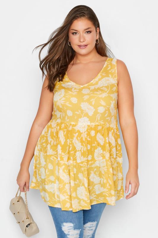 Plus Size Yellow Floral Print Tiered Tunic Top | Yours Clothing  1