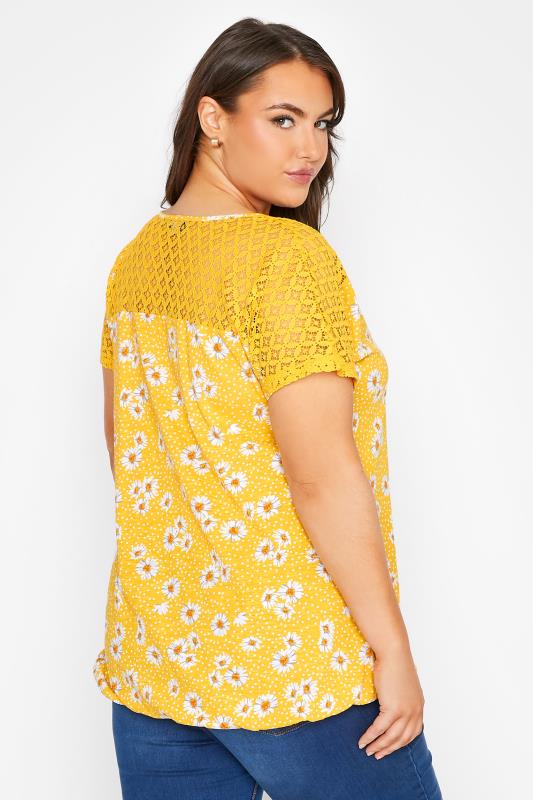 Curve Yellow Daisy Floral Print Lace Detail Bubble Hem T-Shirt 3