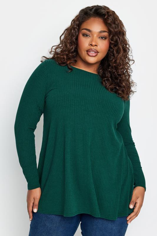YOURS Plus Size Forest Green Long Sleeve Ribbed Swing Top | Yours Clothing