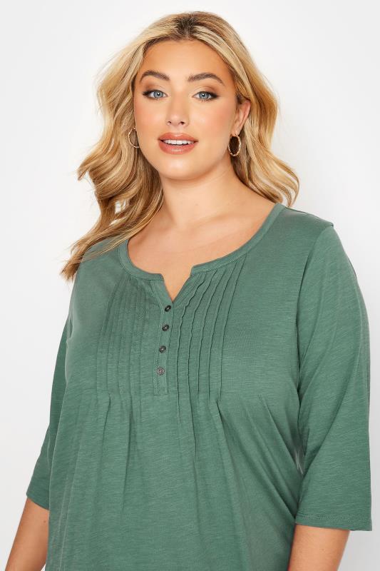 Plus Size Sage Green Pintuck Henley T-Shirt | Yours Clothing 4
