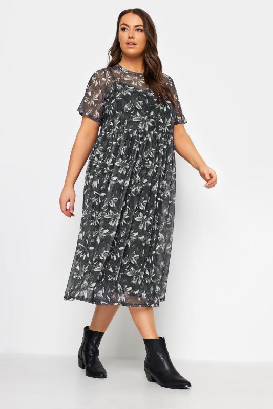 YOURS Plus Size Black & White Floral Print Mesh Smock Dress | Yours Clothing 3