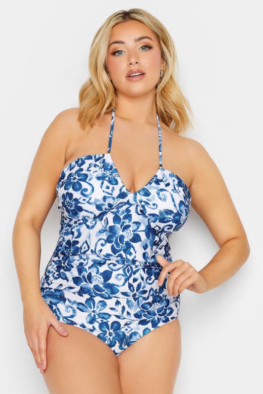 YOURS Curve Plus Size Blue Floral Print Cross Tummy Control Swimsuit | Yours Clothing  4