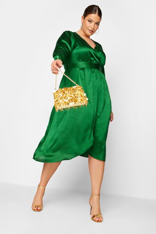 LIMITED COLLECTION Plus Size Forest Green Satin Wrap Dress | Yours Clothing 3