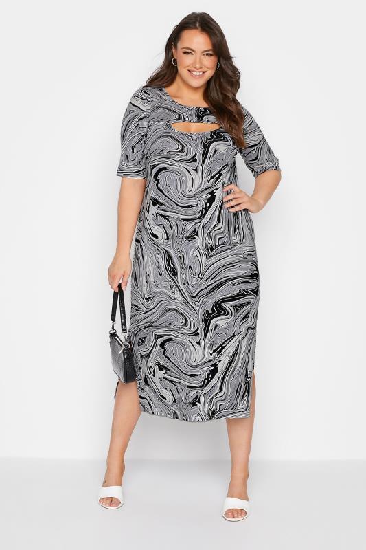 Plus Size Black Marble Print Cut Out T-Shirt Dress | Yours Clothing 1